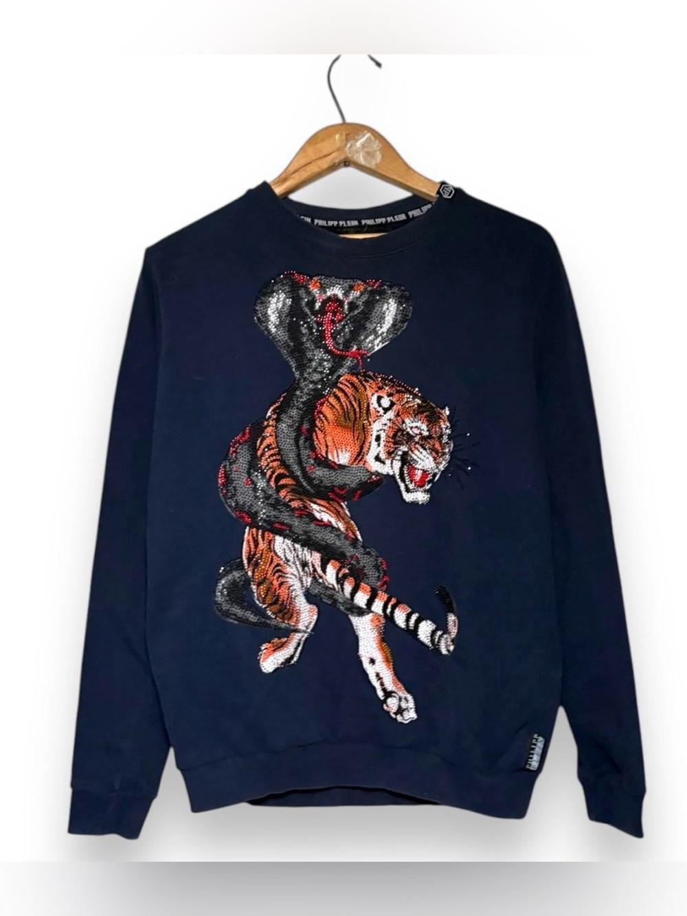 Philipp Plein Tiger Cobra Rhinestone Crewneck Sweatshirt Navy Blue